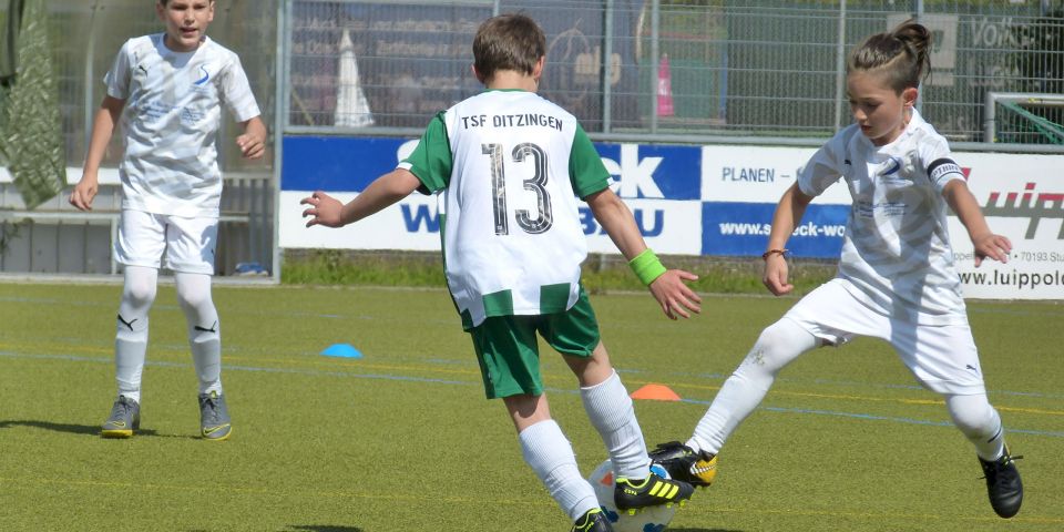 Drei Jugendfußballer kämpfen im Spiel um den Ball auf dem Spielfeld.